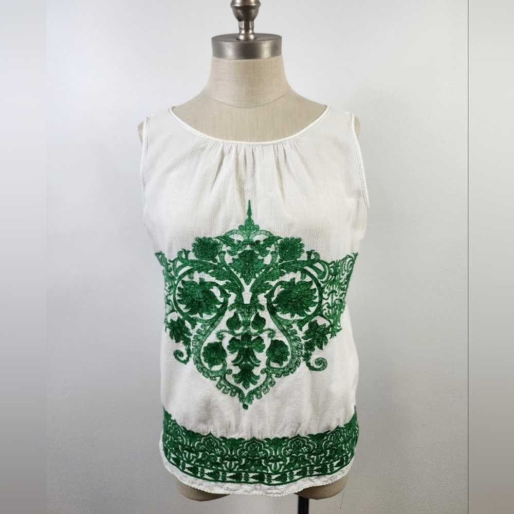 MSSP White Green Embroidered Cotton Boho Sleeveless Blouse Small